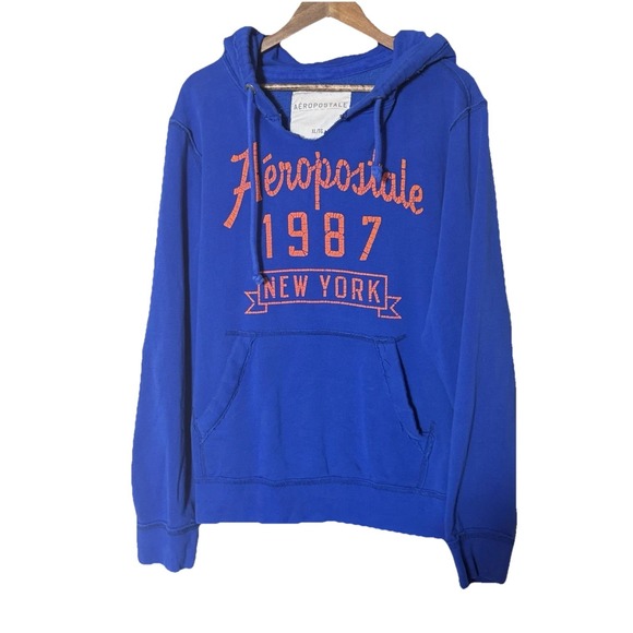 Aeropostale Hoodie XL Blue orange Aero NYC 1987 Sweatshirt Pullover y2k - Picture 1 of 7
